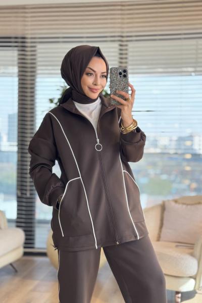 22763 Biye Detaylı Önü Fermuarlı Takım Kahve