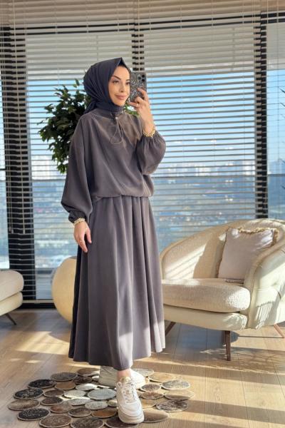 22792 Patı İp Geçmeli Yakasız Takım Antrasit