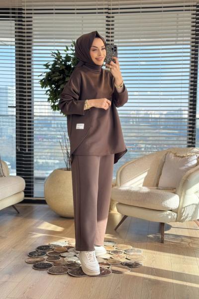 22809 Yanları Parça Ve Etiket Detaylı Takım Kahve