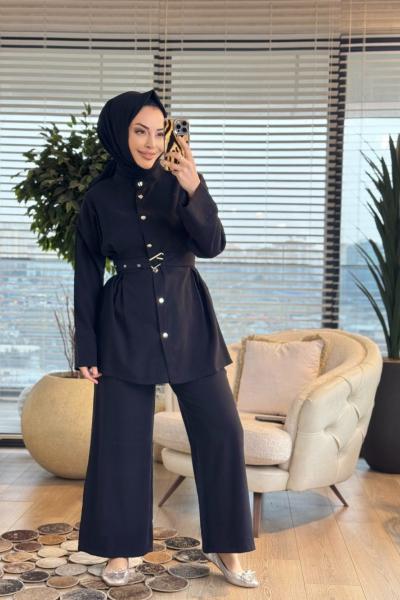 22838-5 Ön  Pile Kemerli Metal Düğmeli Takım Siyah