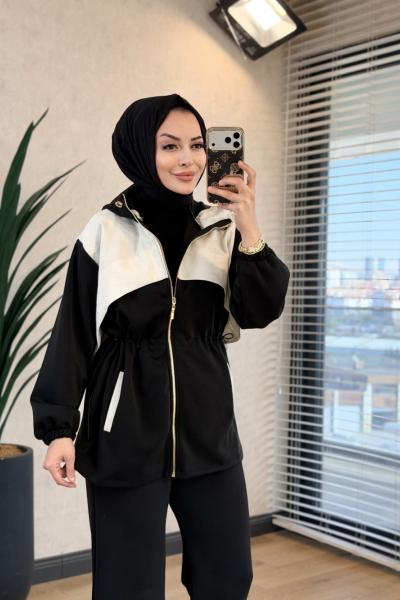 22929 Garni Detaylı Beli Büzgülü Fermuarlı Takım Siyah