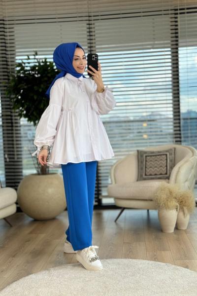 2311 Kol Bağlamalı Bel Büzgülü Gömlek Beyaz