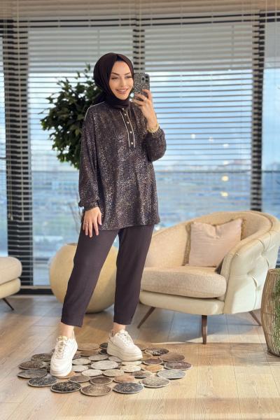 2356 Üst Varak Baskılı Triko Pantolon Takım Kahve