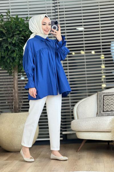 2358 Kolu Büzgülü Gömlek Lacivert