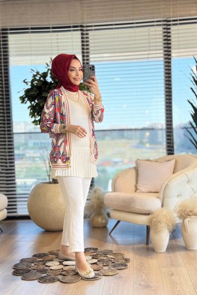 24026 Yaka Manşet Çizgi Ribanalı Desenli Kısa Kap Ekru Kırmızı