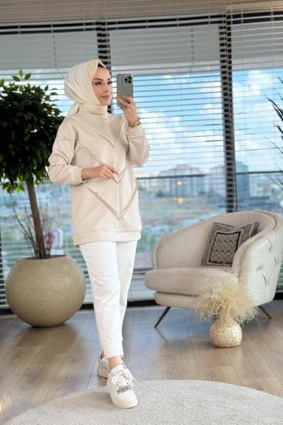 24034 Ön V Dikiş Parçalı Scuba Tunik Bej