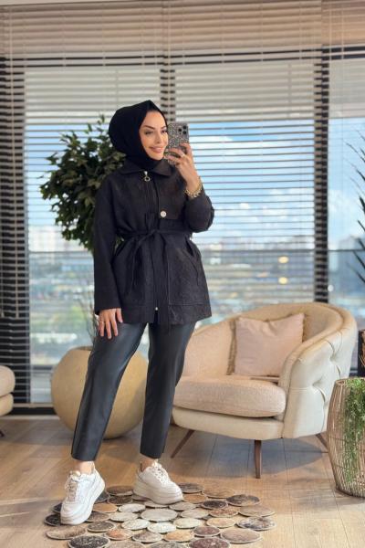 2408 Kendinden Desenli Fermuarlı Ceket Siyah