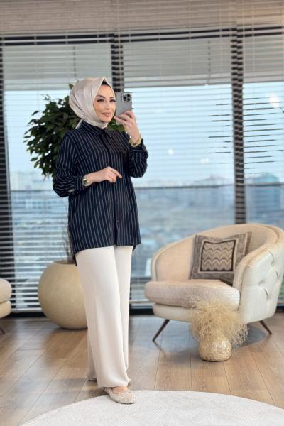 24097 Boyuna Çizgili Gömlek Siyah