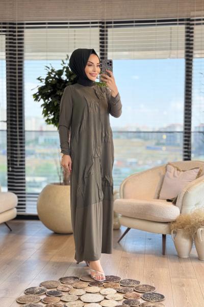 24160 Ön Gofre Kabartma Detaylı Elbise Haki