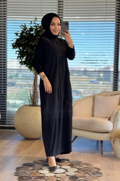 24160 Ön Gofre Kabartma Detaylı Elbise Siyah