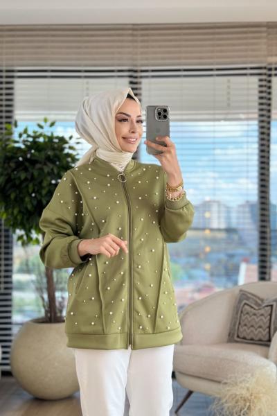 24236 Scuba Ön İnci İşli Fermuarlı Hırka Haki