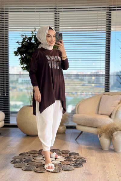 24277 Önü Taş Yazılı Tunik Kahve