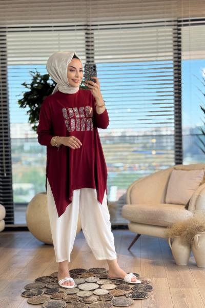 24277 Önü Taş Yazılı Tunik Bordo
