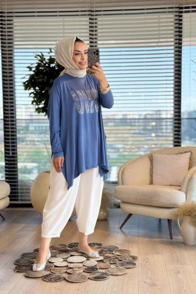 24277 Önü Taş Yazılı Tunik İndigo