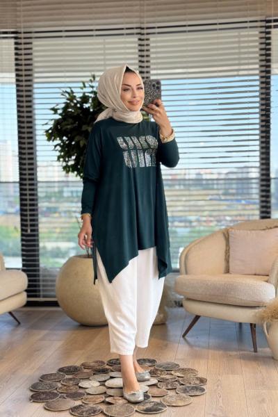 24277 Önü Taş Yazılı Tunik Zümrüt