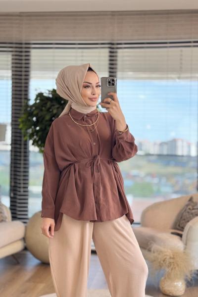24300 Klasik Kuşaklı Gömlek Kahve