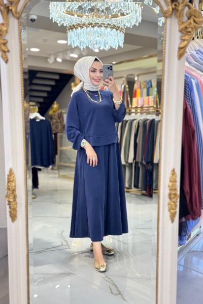 24343 Etek Ucu Parçalı Yarasa Kol Bluz Lacivert