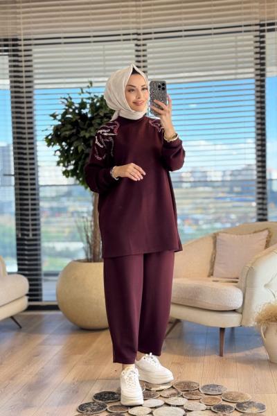24364 Omuzları Boncuk işli Tunik Bordo