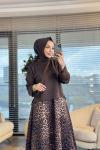 24380 Eteği Leopar Desen Bluz Takım Kahve