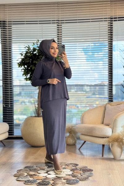 244 Omuz Apoletli Reglankol Triko Etekli Takım Antrasit