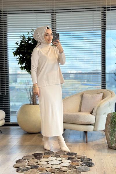 244 Omuz Apoletli Reglankol Triko Etekli Takım Bej