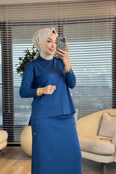 244 Omuz Apoletli Reglankol Triko Etekli Takım İndigo