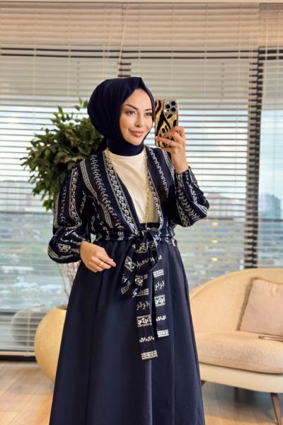 24422 Çiçek Desenli Bağlamalı Kimono Lacivert