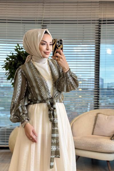 24422 Çiçek Desenli Bağlamalı Kimono Haki