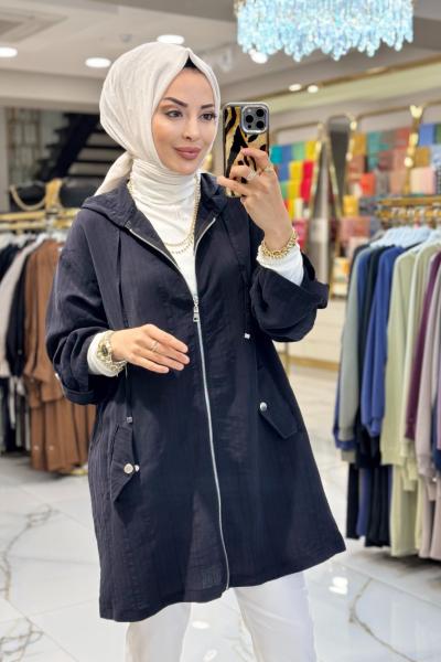 24427 Kendinden Çizgili Kapşonlu Fermuarlı Kap Siyah