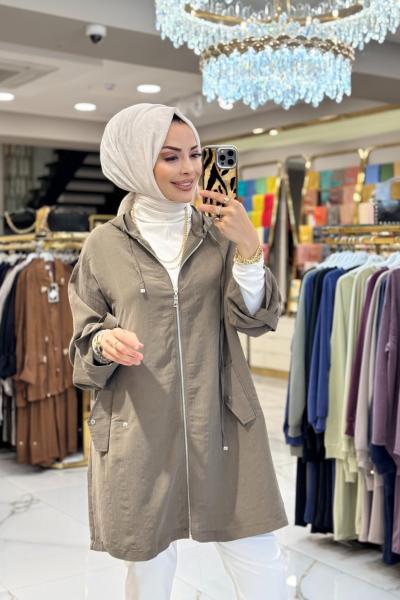 24427 Kendinden Çizgili Kapşonlu Fermuarlı Kap Haki