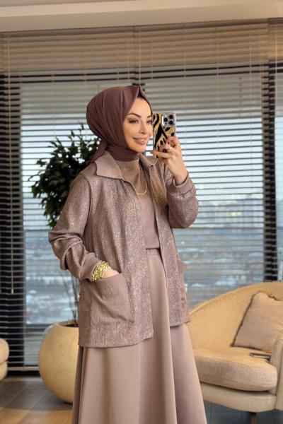 2445 Triko Üst Baskılı Hırka 2li Takım Vizon