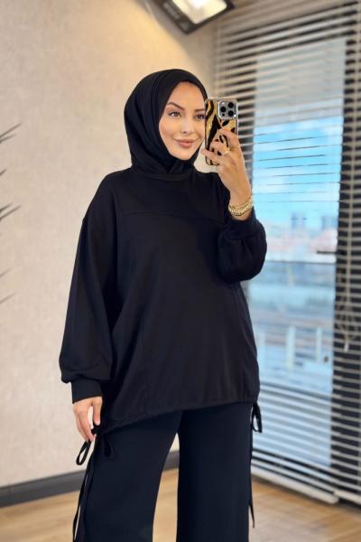 24457 Etek Ucu İp Bağcıklı Tunik Siyah