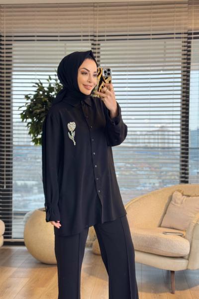 24550 Taş Lale İşlemeli Kolu Manşetli Gömlek Siyah