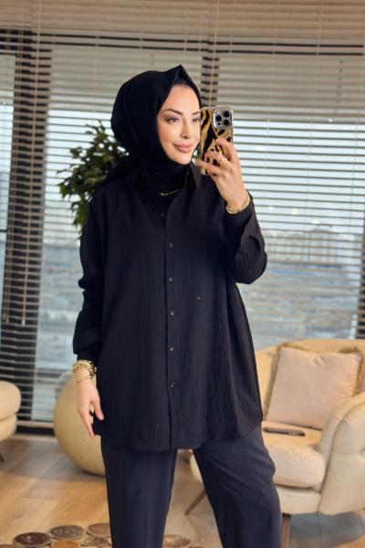 2490 Kendinden Desenli Gömlek Siyah