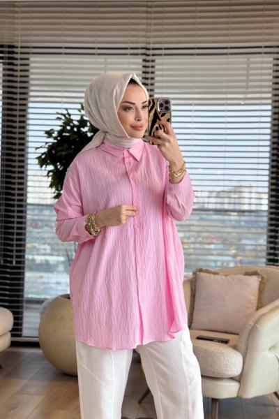 2490 Kendinden Desenli Gömlek Pembe