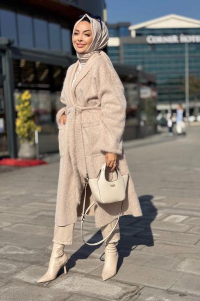 2498 Saçak Uzun Hırka Bej