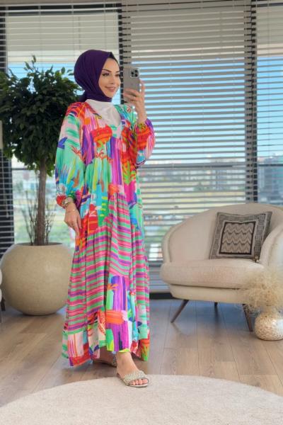 24EL045 Desenli V Yaka Elbise Ekru