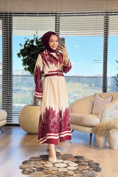 24TN438 Omuz Ve Etek Ucu Ağaç Desenli Düğmeli Elbise Bordo