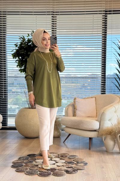 25004 Eteği Oval Sıfır Yaka Triko Tunik Yeşil