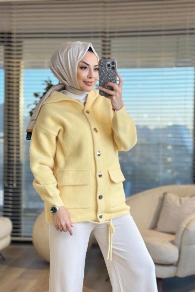 2502 Saçak Kapşonlu Çıtçıtlı Hırka Sarı