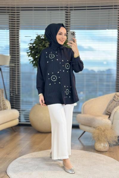 2502006 Ön Dantel Parça Üstü Taş İşli Gömlek Siyah