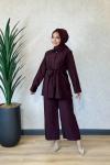 250337 Beli Kuşaklı Şık Pantolonlu Takım Bordo