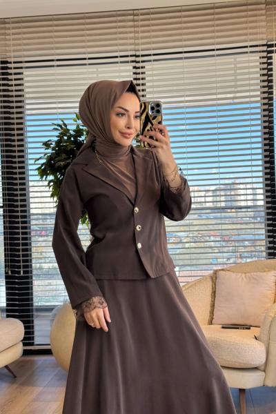 250359 Dantel İşlemeli Modern Takım Kahve