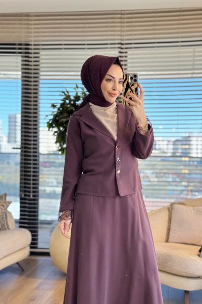 250359 Dantel İşlemeli Modern Takım Mürdüm