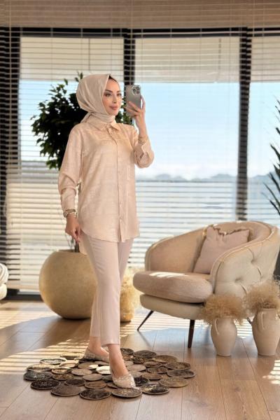 25078 Kendinden Kare Desenli Gömlek Bej