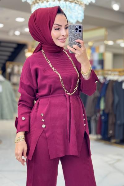 25111 Yırtmacı Düğmeli Triko Pantolonlu Takım Bordo