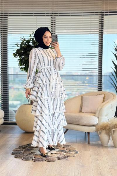 2513 Beş Katlı Desenli Elbise Beyaz