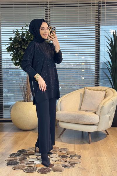 25193 Ön Taş Baskı Yandan Fermuarlı Takım Siyah