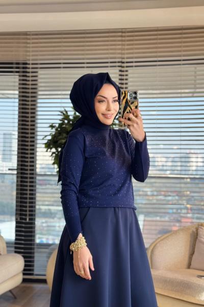 25199 Ön Ve Kolları Taş Detay Triko Kazak Lacivert