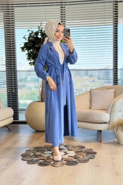 25421 Uzun Ceket Pantolon Takım İndigo